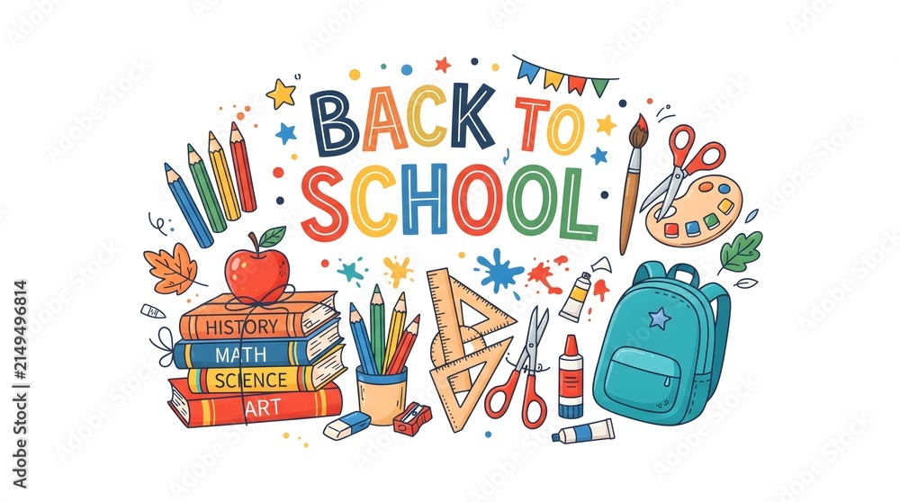 Naklejka premium Back to School Hand Drawn Illustration with Educational Supplies