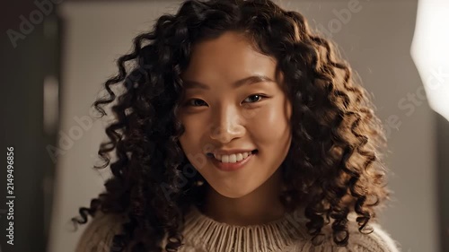 Portrait of young woman with natural curly brunette hair.