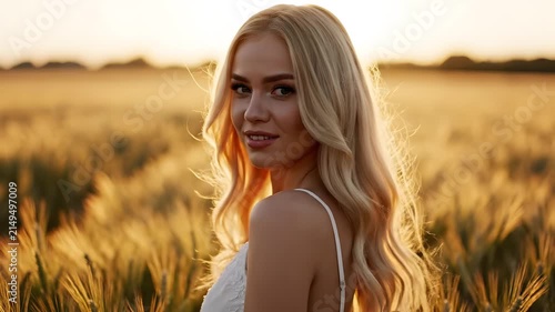 Smiling blonde woman standing in golden wheat field during sunset.