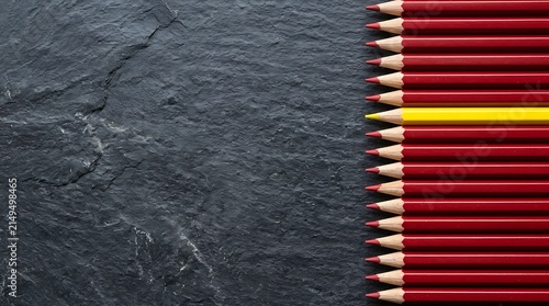 Neatly Aligned Colored Pencils on Textured Black Slate Background