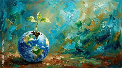 Earth Globe with Growing Plant Symbolizing Environmental Sustainability and Growth