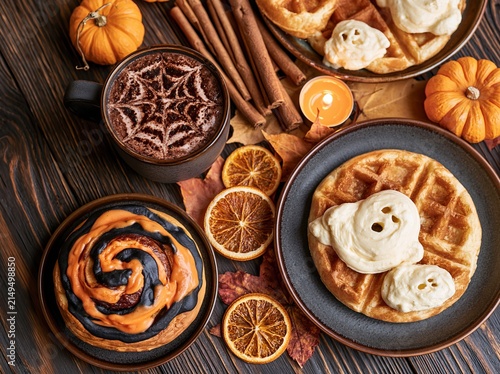 Top-down flat lay of Halloween-themed food including waffles, pumpkin spice latte, and decorative pumpkins on a wooden table with autumn leaves and spices
