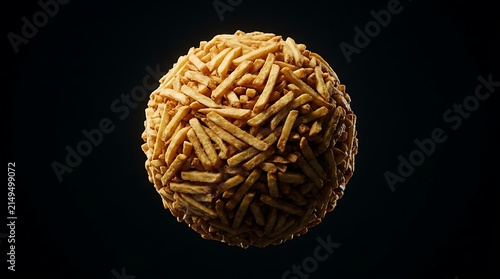 Floating Sphere Made of Crispy Golden French Fries on Black Background