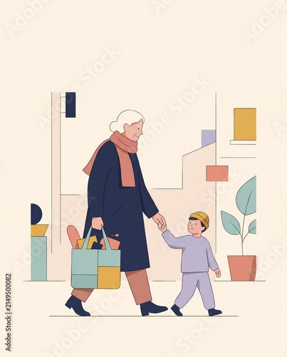 Grandmother and grandson walking home with groceries illustration