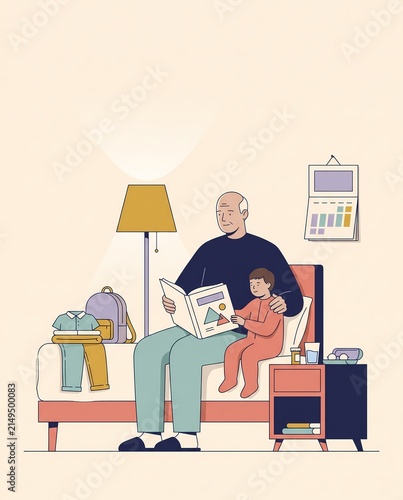 Grandfather reading bedtime story to grandson flat illustration