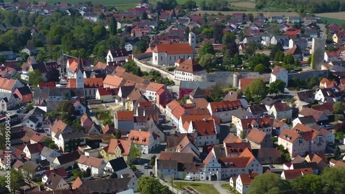 A panoramic aerial view from the old town of the city in Vohburg an der Donau in Germany, Bavaria. On a sunny day in spring.