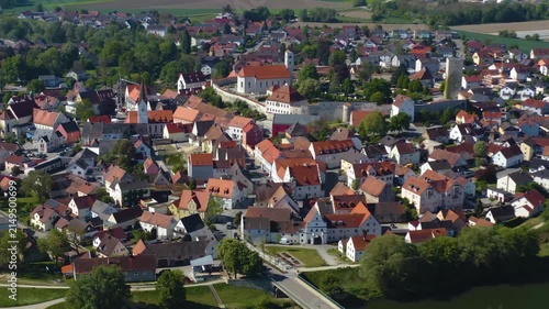 A panoramic aerial view from the old town of the city in Vohburg an der Donau in Germany, Bavaria. On a sunny day in spring.