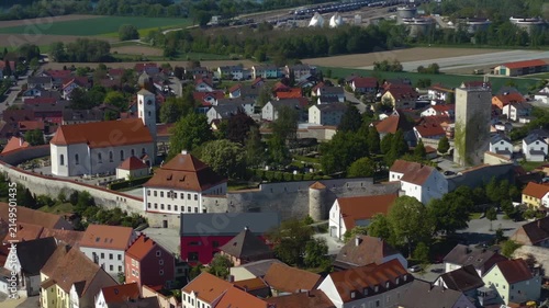A panoramic aerial view from the old town of the city in Vohburg an der Donau in Germany, Bavaria. On a sunny day in spring.