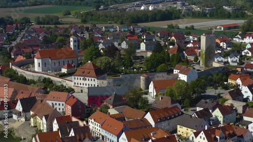 A panoramic aerial view from the old town of the city in Vohburg an der Donau in Germany, Bavaria. On a sunny day in spring.