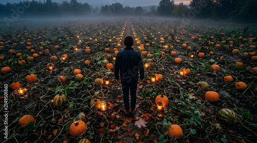 Person stands amidst a vast, fog-covered pumpkin patch illuminated by the warm, flickering glow of scattered candles at twilight.