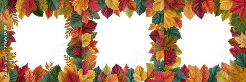 Set of A square autumn leaf border composed of fresh colorful fall leaves with scattered acorns and small twigs for a natural seasonal touch on transparent png background. Ai generated