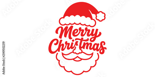 Konstfotografi Red merry christmas lettering combined with santa claus hat and beard illustration isolated on background for holiday card design