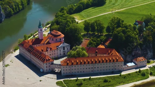 A panoramic aerial view from the old town of the city in Weltenburg an der Donau in Germany, Bavaria. On a sunny day in spring.