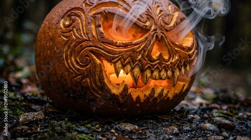 Pumpkin carved with intricate swirling patterns glows intensely from within while wisps of smoke curl from its jagged, toothy mouth in a dark outdoor setting.