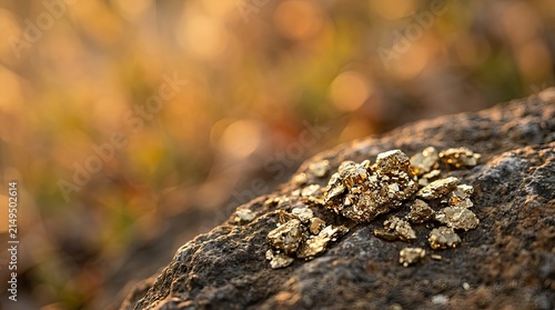 Shiny Golden Pyrite Nuggets on Rock with Blurred Natural Background