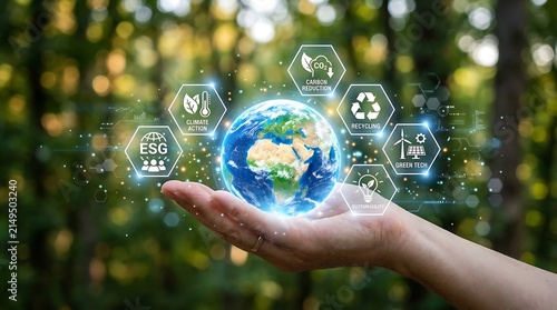 ESG icon concept. Environment, society and governance. Energy of natural gas sustainable and ethical business on network connection on green background