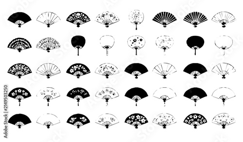 Hand Fan Icon Set with Folding Fans and Paddle Fans in Black Silhouette and Outline Vector Collection