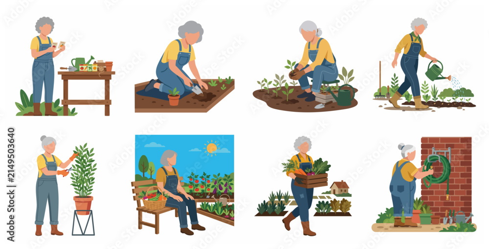 Fototapeta premium Set of senior woman gardening illustrations. Elderly lady planting, watering, and harvesting vegetables in the garden. Flat vector character set for horticulture and active retirement themes.