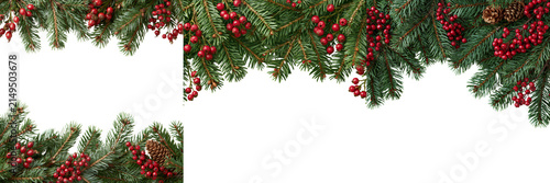Set of Realistic evergreen Christmas branches intertwined with red berries forming a horizontal festive border on transparent png background. Ai generated