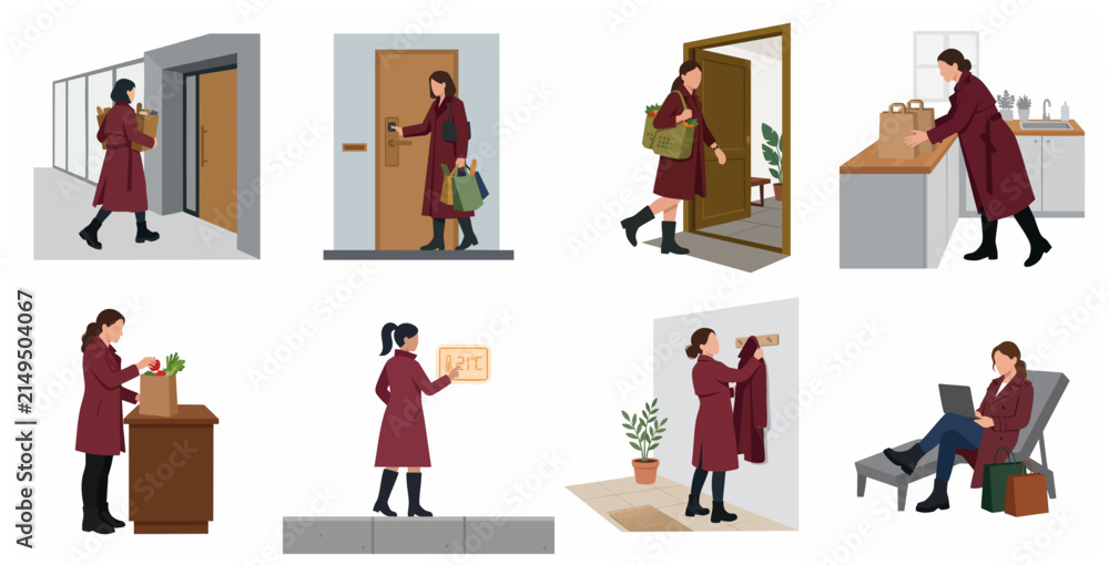 Fototapeta premium Woman daily routine after shopping and returning home flat vector illustration set