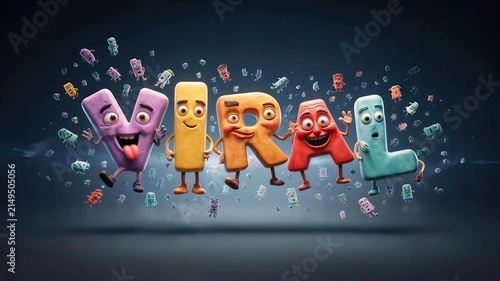Viral Word Fun: The letters V, I, R, A, and L, anthropomorphized with cartoon faces and limbs, dance amidst a swirling nebula of floating characters and particles.