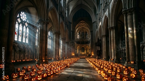 Jack-o-lanterns line the stone floors of a grand cathedral filled with ethereal sunbeams streaming through windows.