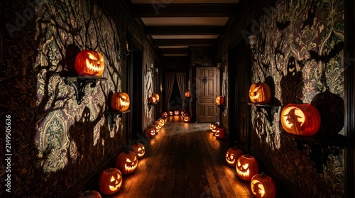 Jack-o-lanterns illuminate a vintage wooden hallway lined with patterned wallpaper and dark timber textures.