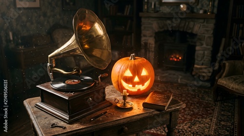 Gramophone sits on a weathered wooden table beside a grinning jack-o'-lantern and an old book in a dimly lit room with a fireplace.
