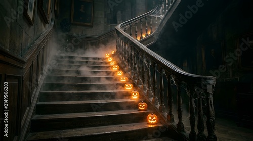 Staircase adorned with glowing jack-o'-lanterns creates a haunting atmosphere in a dark, historic hallway filled with thick, swirling mist.