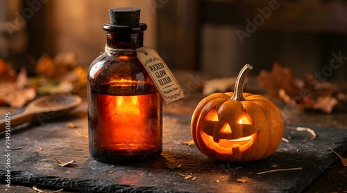 Potion bottle with a warm glowing liquid stands beside a carved jack-o'-lantern on a dark slate surface.