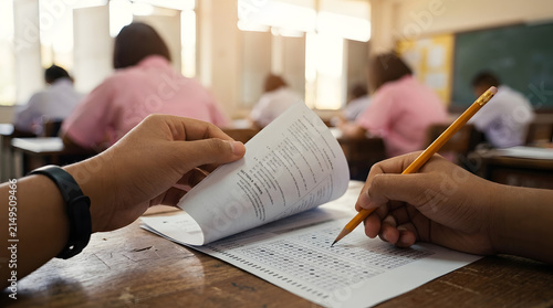 Close-up of Student Hand Holding Pencil and Exam Paper in a Classroom Setting for Academic Assessment