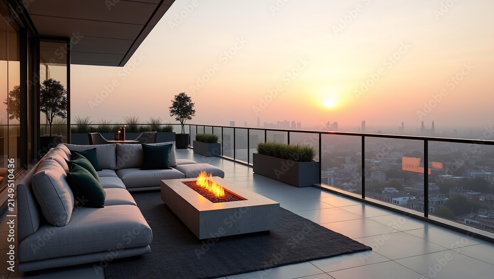 Fototapeta premium Luxury rooftop terrace with sectional sofa, rectangular fire pit, glass railing, panoramic city sunset view