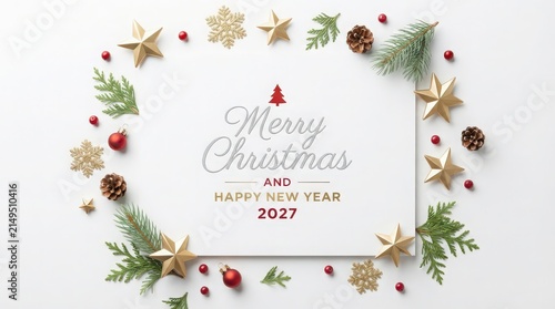 Elegant Merry Christmas and Happy New Year 2027 Greeting with Festive Decorations