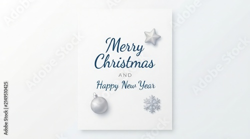 Minimalist Merry Christmas and Happy New Year Greeting Card with Silver Ornaments