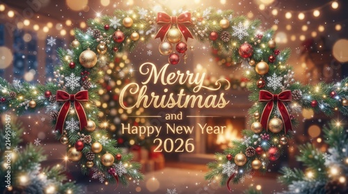 Festive Christmas and Happy New Year 2026 Greeting Card with Elegant Wreath