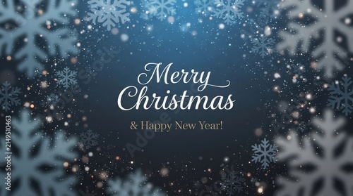 Merry Christmas and Happy New Year Holiday Card with Falling Snowflakes and Bokeh Lights