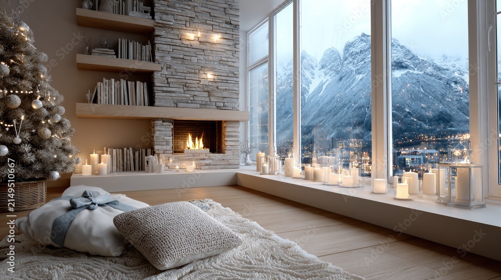 Fototapeta premium Warm and inviting living room featuring a stone fireplace, comfortable sofa, and stunning mountain view on a snowy day