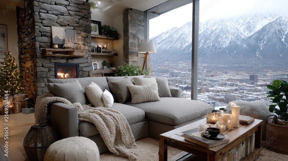 Fototapeta premium Warm and inviting living room featuring a stone fireplace, comfortable sofa, and stunning mountain view on a snowy day
