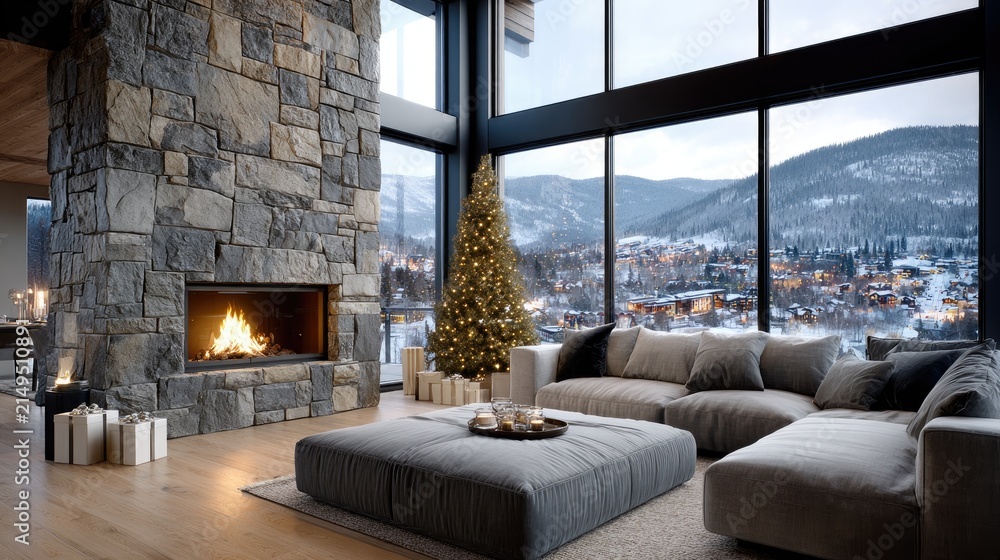 Fototapeta premium A warm, inviting room features a decorated tree, gifts, and a stunning view of snow-capped mountains, creating a festive ambiance