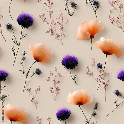 Elegant thistle flowers in shades of purple, pink, blue, and beige create a striking pattern on a light backdrop