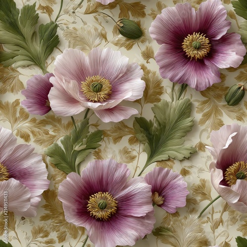 Elegant thistle flowers in shades of purple, pink, blue, and beige create a striking pattern on a light backdrop