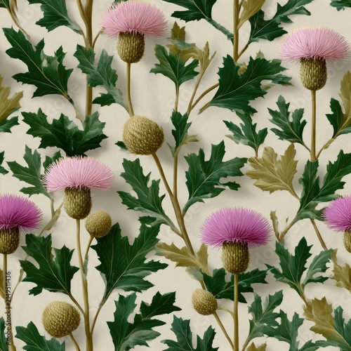 Elegant thistle flowers in shades of purple, pink, blue, and beige create a striking pattern on a light backdrop