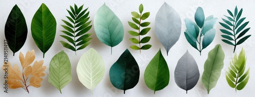 A variety of leaves displayed with diverse shapes and shades of green, highlighting natural beauty in a watercolor style