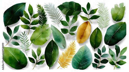 A variety of leaves displayed with diverse shapes and shades of green, highlighting natural beauty in a watercolor style
