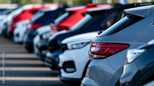 Row of new modern cars parked in a dealership lot on a sunny day. Ideal for automotive sales and inventory concepts.