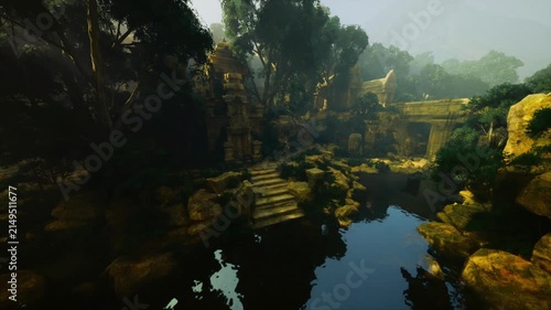 Golden dawn jungle ruins with reflection, warm sunlight piercing canopy, wet stone steps leading toward carved doorway, gentle haze and cinematic glow, mood