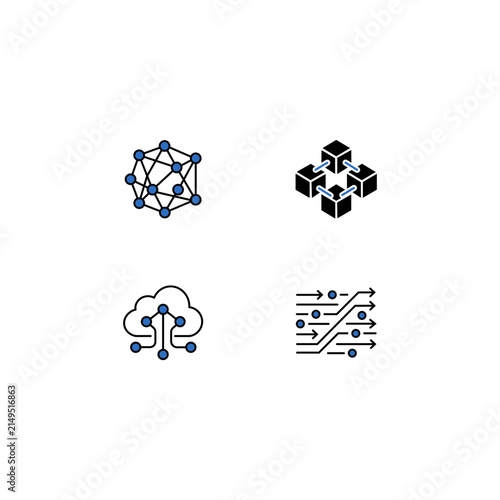 Set of technology and network icons featuring blockchain, cloud computing, node network, and data flow vector illustration.