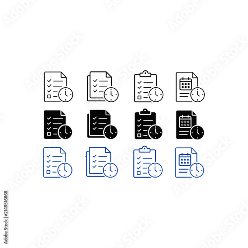 Set of document, checklist, and schedule icons with clock and calendar, time management and task planning vector illustration.