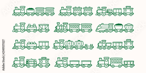 Foto Set of various hand drawn train and railway carriage illustrations with locomoti