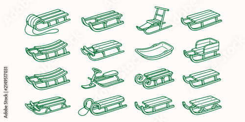 Quadro su tela Set of various winter sled designs and toboggan icons in line art style with tob